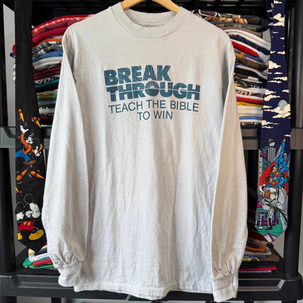 Vintage White Break Through Teach The Bible To Win Graphic Long Sleeve Shirt L